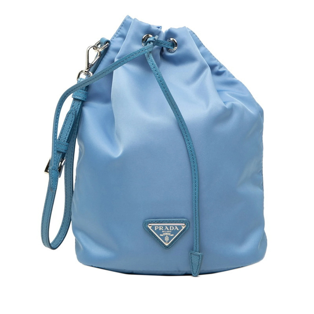 Prada Triangle Logo Plate Re-Nylon Drawstring Handbag Pouch Blue Nylon Women'...